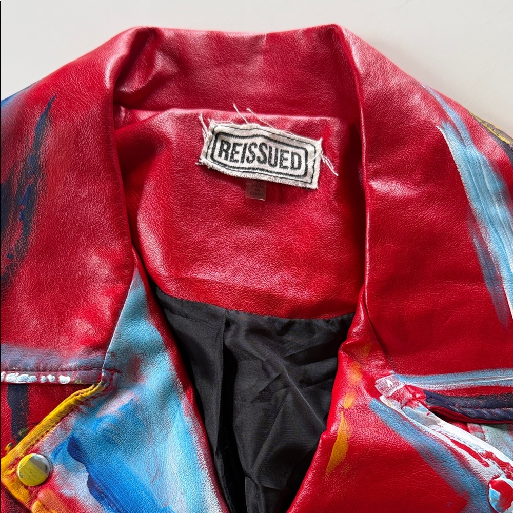 Hand Painted Red Faux Leather Biker Jacket Women’s XS - Picture 4 of 6